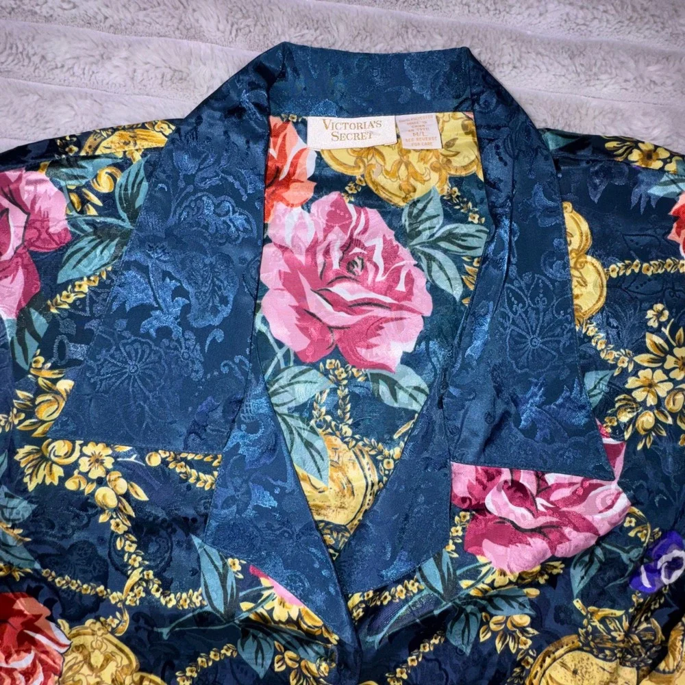 Vintage Victoria's Secret Gold Label Floral Satin Sleep Shirt Nightgown Robe M/L